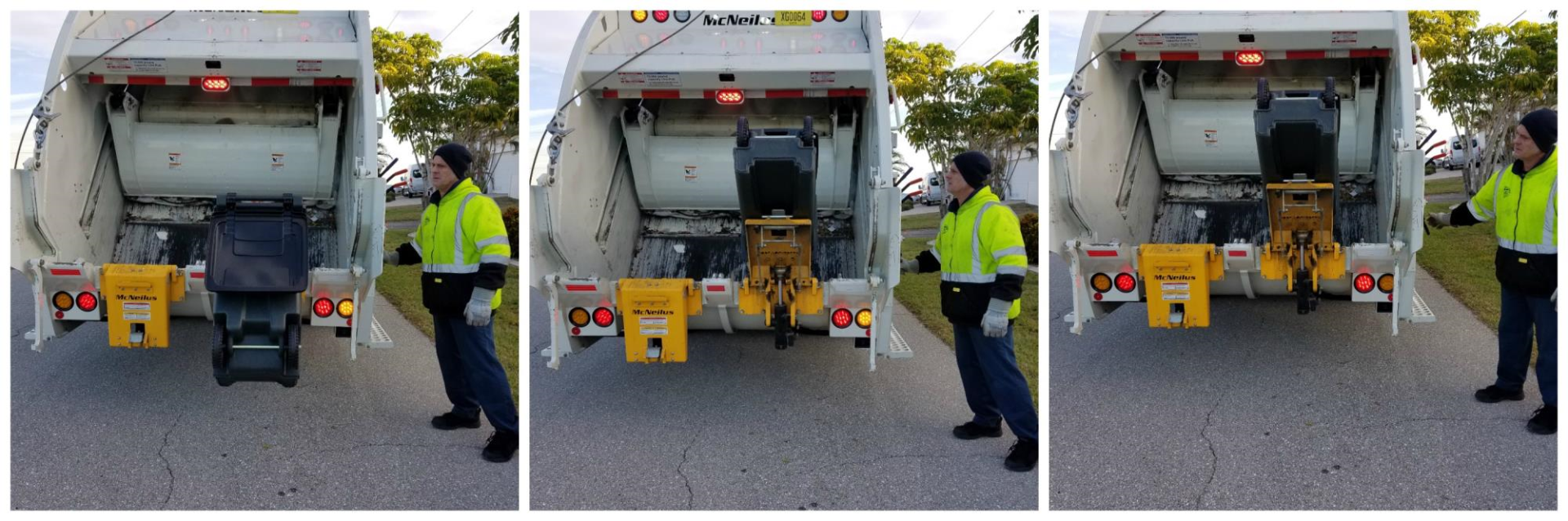Sanitation truck with Employee operating toter lift. 